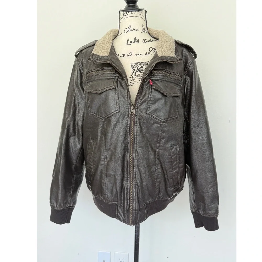 Levis Mens Faux Leather Sherpa Lined Bomber Jacket‎ Dark Brown Military Large